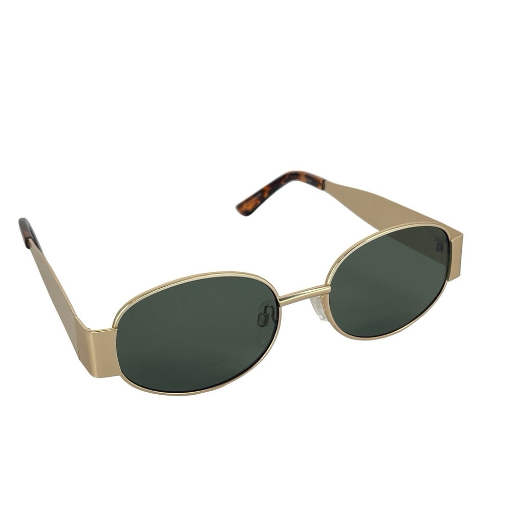 Beeline Gold Oval Sunglasses Green Lens Wide Arm Y2K Retro Mod Futuristic